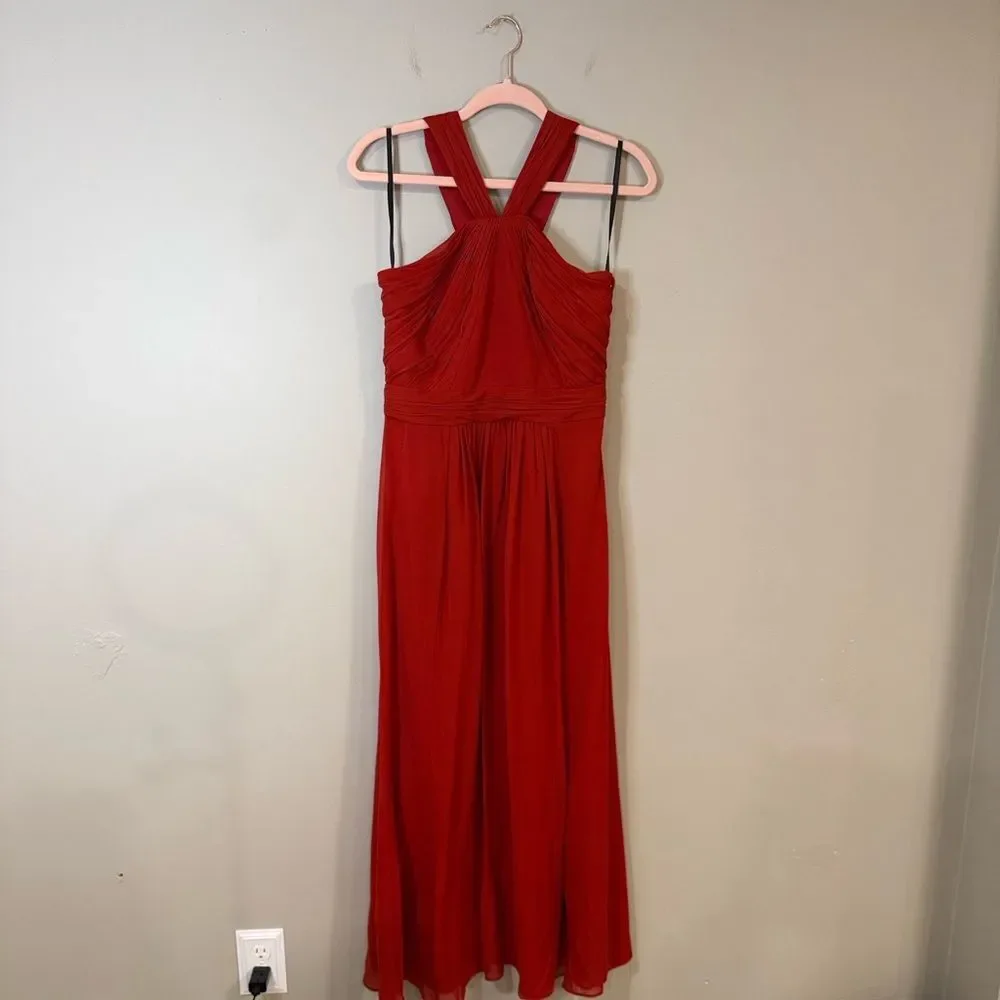 Bebe bright red flowy maxi dress‎ with unique halter top and gathered waist